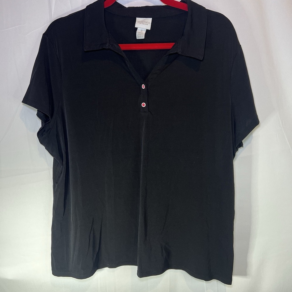 Weekends By Chico's Women's Size 3 Large Black Slinky Polo Shirt Red‎ Snaps